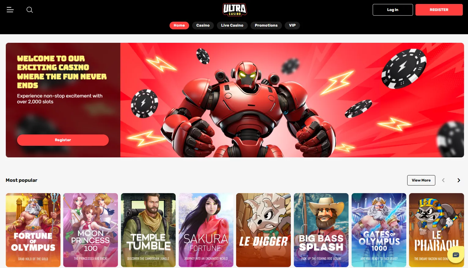 UltraCasino — best for distinguishing fast sign-up from no-account play — No account casinos Canada