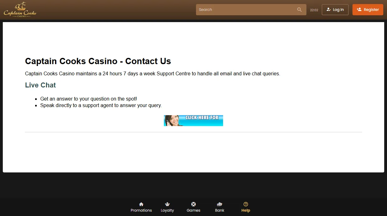 Captain Cook's Casino review Canada support channels and complaint handling Captain Cook's support and complaint handling